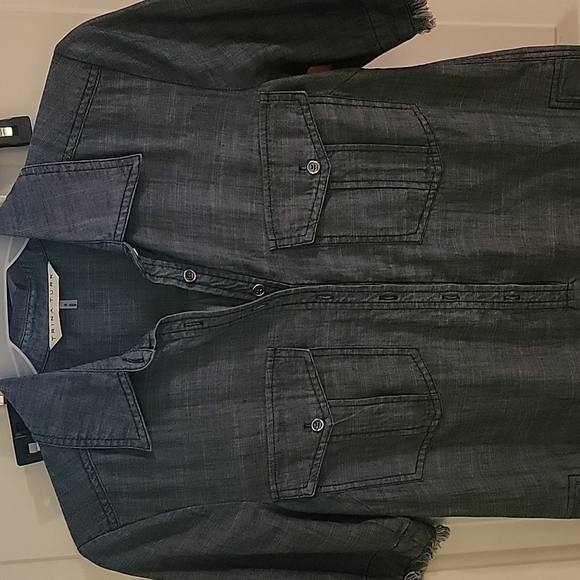 Trina Turk Rosetta Denim Shift Dress Fringe Detail Chambray Frayed Short Sleeve - Picture 1 of 12